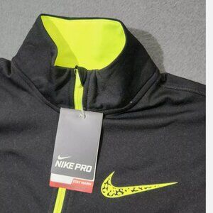 Nike Pro Women's Large Black Top 1/2 Zip Yellow Trim Thumb Holes Activewear NEW